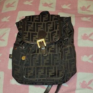 Fendi Dark Monogram Backpack with Gold Buckle